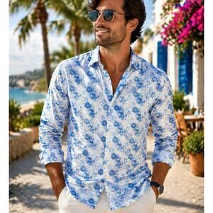 Kurt River Shirt Mens Large White Hawaiian Blue Button Up Roses Floral Print NWT